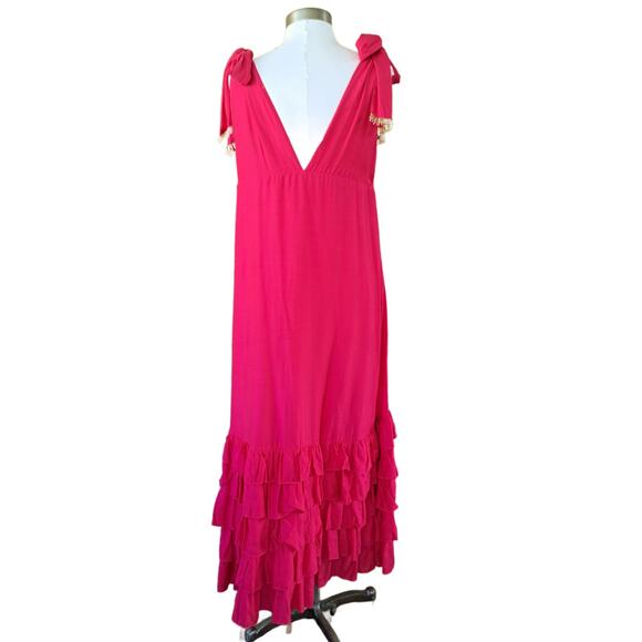 SUNDRESS Maggie Fuchsia Pink Midi Maxi Dress Large Deep V Ruffle Hem Cotton Silk - Picture 7 of 12